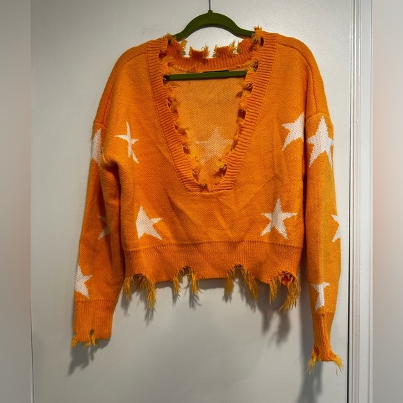 Zaful Star Print Cropped Chewed Hem Sweater Orange and White LongSleeve One Size - Picture 1 of 15
